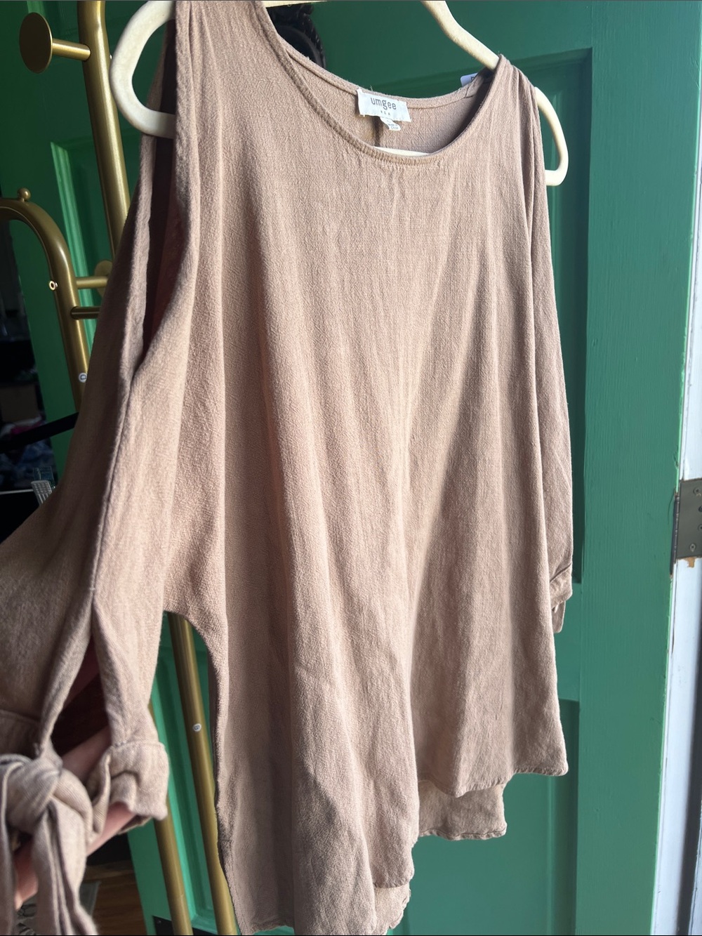Umgee Mauve-Taupe Cold-Shoulder Tie-Sleeve Tunic Size Small